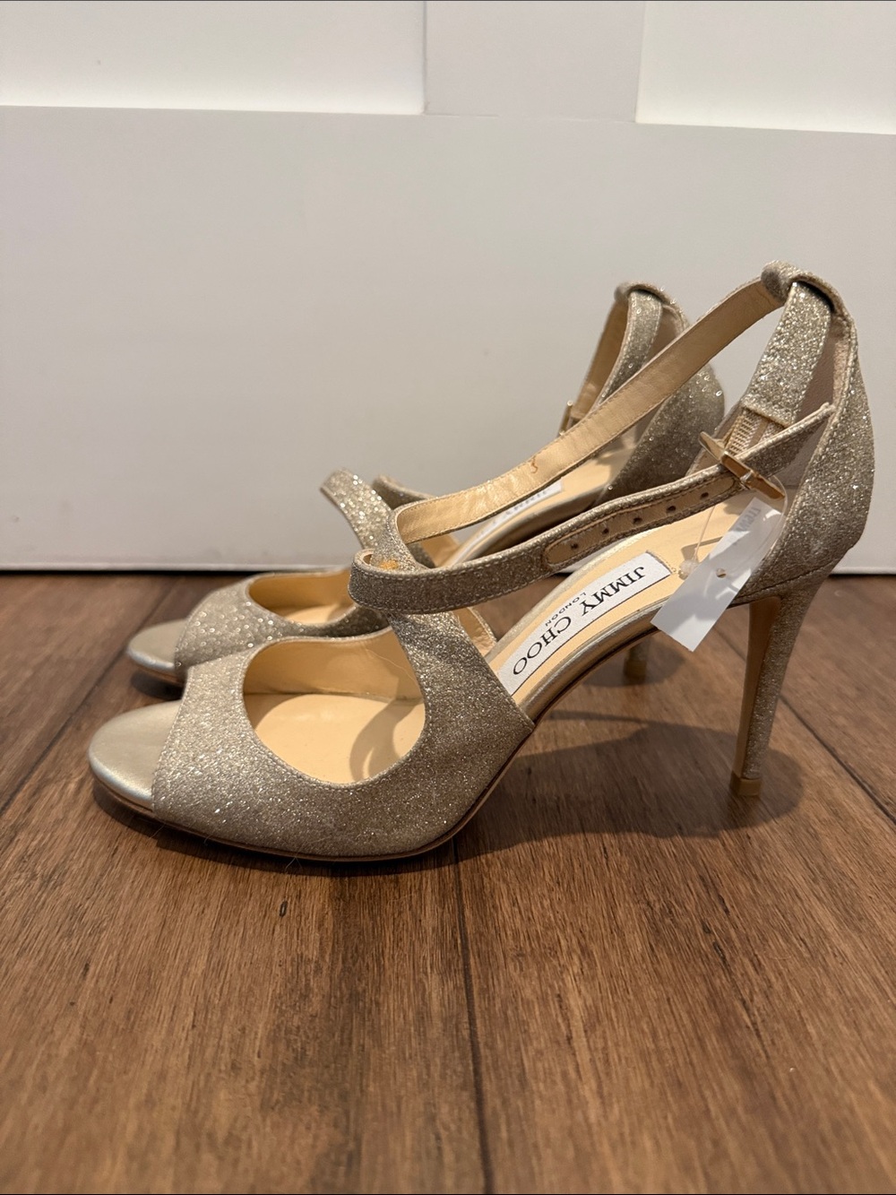 Jimmy Choo Gold Glitter Strappy Stiletto Sandals Heels Size 37